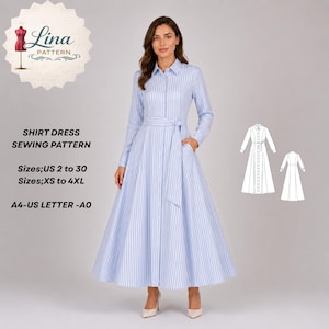 Puede incluir: Un vestido camisero de rayas verticales azul claro y blanco con mangas largas, cuello, cierre de botones frontal y cinturón a juego. El texto incluye Lina Pattern, Shirt Dress Sewing Pattern, Sizes US 2 to 30, XS to 4XL, A4-US Letter-A0.
