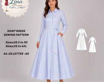 Shirt Dress Sewing Pattern, Button Front Dress, Princess Seam Style (XS-4XL) (Digital PDF Download)