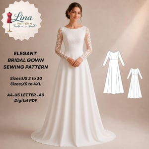 Puede incluir: Un patrón de costura para vestido de novia blanco con cuerpo y mangas de encaje, falda larga y dibujos técnicos. El texto incluye Lina Pattern, Elegant Bridal Gown Sewing Pattern, tallas US 2 a 30, XS a 4XL, A4-US Letter-A0, Digital PDF.