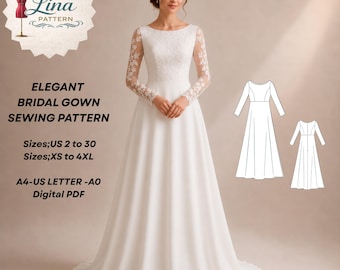 Elegant Bridal Gown Sewing Pattern,Half Circle Skirt, Boat Neck Style (Digital PDF Download)