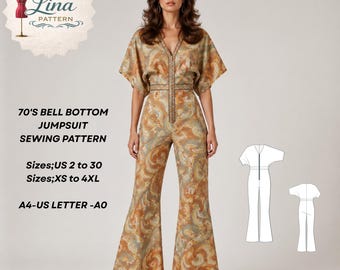 Naaipatroon jaren 70 Bell Bottom jumpsuit, romper met vleermuismouwen (digitale pdf-download) (XS-4XL)