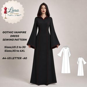 Puede incluir: Un vestido negro hasta el suelo con capucha, mangas largas acampanadas y detalles de ribete rojo oscuro. El texto dice: Lina Pattern, Gothic Vampire Dress Sewing Pattern, Sizes; US 2 to 30, Sizes; XS to 4XL, A4-US Letter-A0. Incluye dos dibujos lineales en blanco.