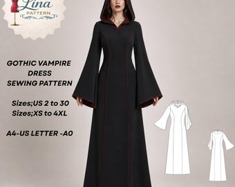 Gothic Vampire Dress, Bell Sleeve, Hooded Maxi Dress Style (Digital PDF Download)