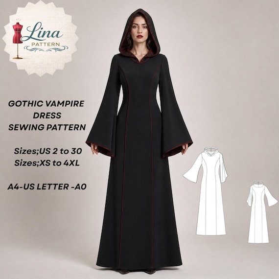 Gothic Vampire Dress Sewing Pattern, Bell Sleeve, Hooded Maxi Dress Style (Digital PDF Download)