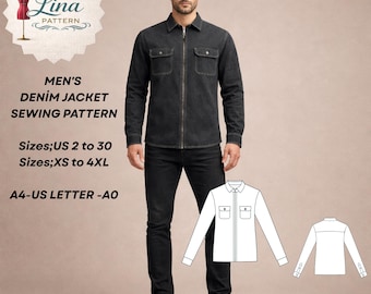 Men's Denim Jacket Sewing Pattern, Zipper Jean Jacket, Chest Pocket (Digital PDF Download)