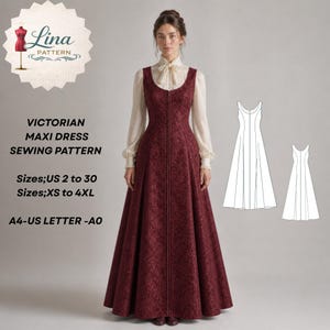 Può includere: Un cartamodello per abito lungo vittoriano che mostra un vestito senza maniche color rosso scuro con motivo, indossato sopra una camicetta color crema a maniche lunghe con colletto a fiocco. Testo: Victorian Maxi Dress Sewing Pattern.