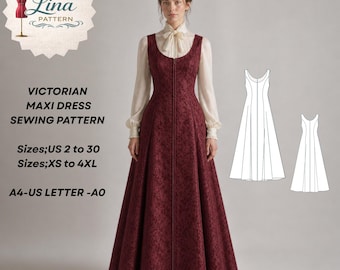 Victorian Maxi Dress Sewing Pattern,Sleeveless Princess Seam Style(Digital PDF Download)(XS-4XL)