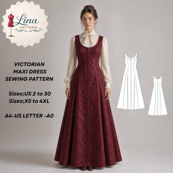 Schnittmuster Viktorianisches Kleid, Maxikleid, Ärmellos(Digitaler PDF-Download)(XS-4XL)