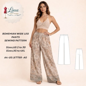 May include: A woman wearing a beige crochet top and wide-leg pants with a floral pattern. The image includes a sewing pattern with the text "BOHEMIAN WIDE LEG PANTS SEWING PATTERN" and size details: US 2 to 30, XS to 4XL.