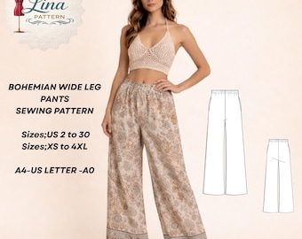 Bohemian Wide Leg Pants Sewing Pattern,Womens Trousers (Digital PDF Download)(XS-4XL)