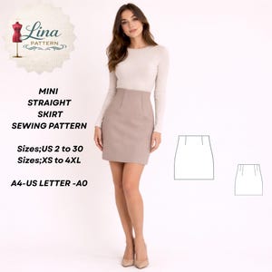 Könnte beinhalten: Eine Frau trägt einen beigen Mini-Gerocksaumrock und ein cremefarbenes Langarm-Oberteil. Das Bild enthält ein Schnittmuster-Logo und den Text "MINI GERADER ROCK NÄH-SCHNITT" sowie Größenangaben.