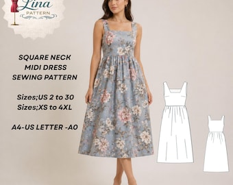 Square Neck Midi Dress Sewing Pattern,Gathered Skirt, Sleeveless Style (Digital PDF Download)(XS-4XL)