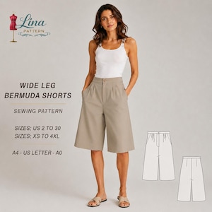 Patrón de costura para pantalones cortos bermudas de pierna ancha, cintura alta, largo hasta la rodilla (descarga digital en PDF) (XS-4XL)