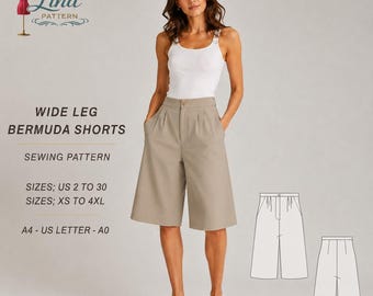 Wide Leg Bermuda Shorts Sewing Pattern,High Waisted, Knee Length (Digital PDF Download)(XS-4XL)