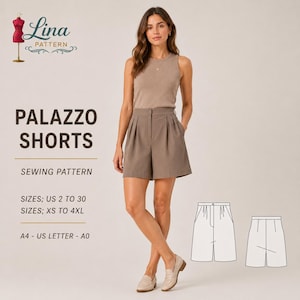 Palazzo Shorts Sewing Pattern,High Waist Wide Leg Style (Digital PDF Download)(XS-4XL)