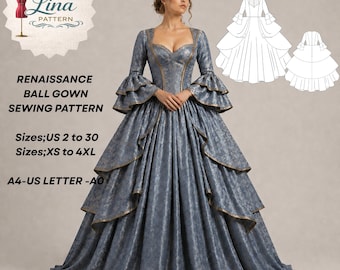 Renaissance Ball Gown Sewing Pattern, Corset Bodice, Layered Skirt Style(Digital PDF Download)(XS-4XL)