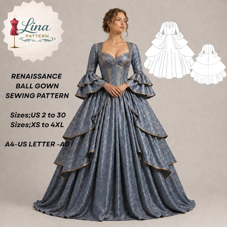 K&ouml;nnte beinhalten: Ein Schnittmuster f&uuml;r ein Renaissance-Ballkleid. Das Kleid ist staubblau mit goldenen Verzierungen, langen &Auml;rmeln mit R&uuml;schenb&uuml;ndchen und einem mehrschichtigen Rock. Gr&ouml;&szlig;en US 2 bis 30 und XS bis 4XL. Text "Lina Pattern".