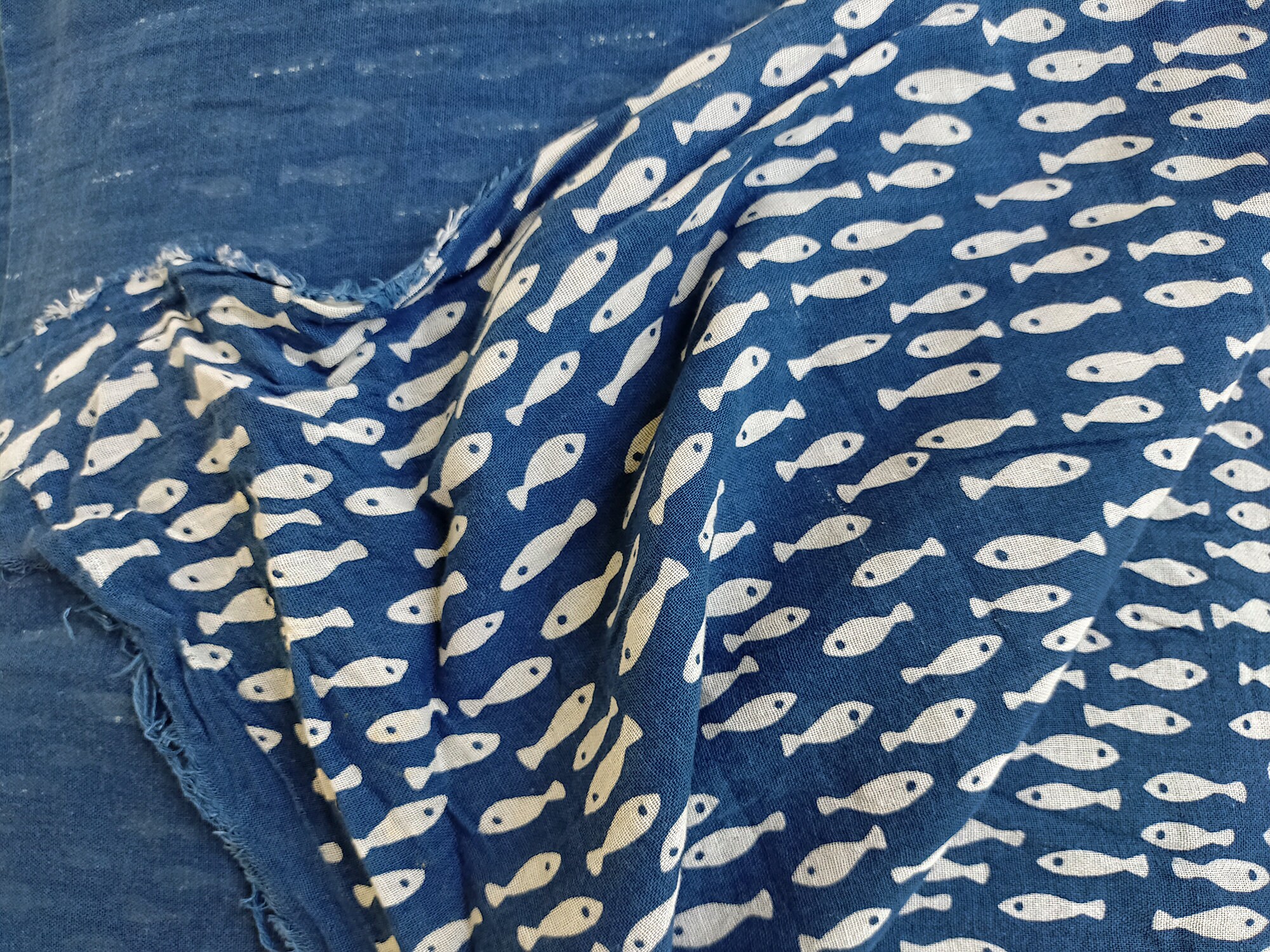 Fish Print Indigo Fabric Natural Dyed Fabric Double Layer Etsy