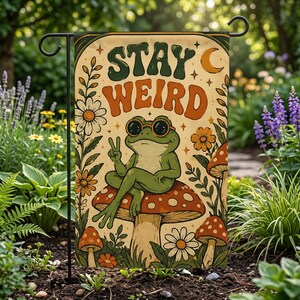 Stay Weird Frog on Mushroom Garden Flag, Retro Hippie Garden Gift, Trippy Outdoor Decor, Frog Flag, Yard Art, Porch Sign, Whimsical Banner