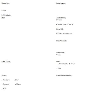 May include: A white medical form with black text. The form includes sections for patient information, assessment details, and safety protocols. Key fields include "Name/Age," "Code Status," and "Plan/To Do."