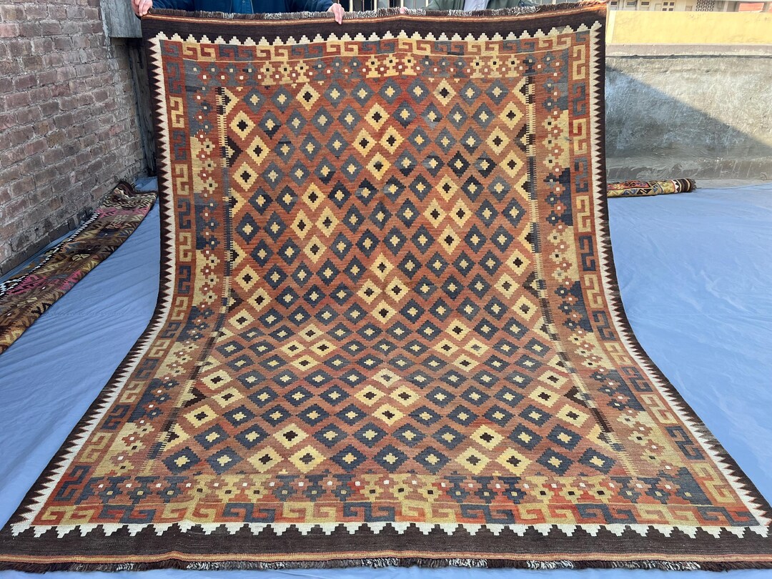 Antique Afghan Wool Rug: 9x7 Ft, Terracotta Geometric Flatweave - Etsy
