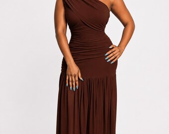 One-Shoulder Pleated Maxi Dress