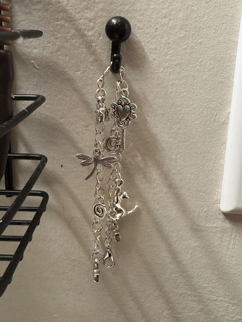 May include: Silver charm bracelet with various dangling charms, such as a heart-shaped lock, key, dragonfly, spiral, and seahorse. The bracelet hangs from a black hook on a neutral wall.