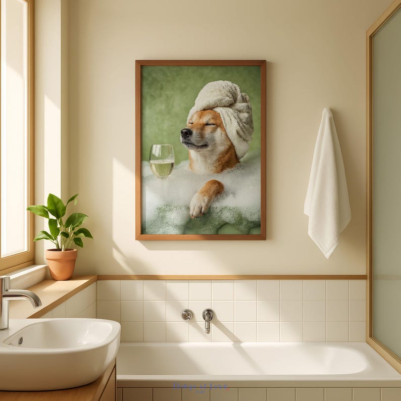 May include: A framed print depicts a Shiba Inu dog relaxing in a bubble bath, wearing a towel on its head and holding a glass of white wine. The dog is surrounded by bubbles, with a green background. The image is in a bathroom setting.