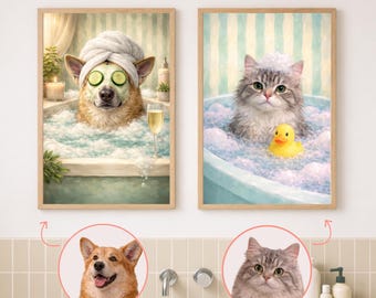 Custom Funny Pet Portrait from Photo, Spa Bathroom Decor, Dog & Cat Wall Art