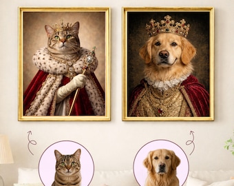 Custom Renaissance Pet Portrait from Photo, Royal King Queen Cat or Dog Wall Art