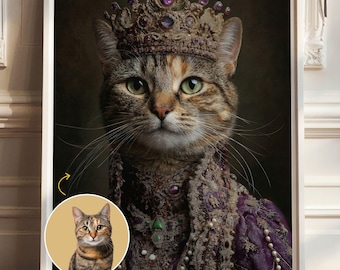 Custom Royal Cat Portrait from Photo, King Queen Cat Wall Art, Vintage Pet Painting