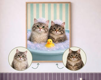 Custom Funny Pet Portrait from Photo, Spa Bathroom Decor, Dog & Cat Wall Art