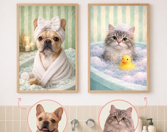 Custom Funny Pet Portrait from Photo, Spa Bathroom Decor, Dog & Cat Wall Art