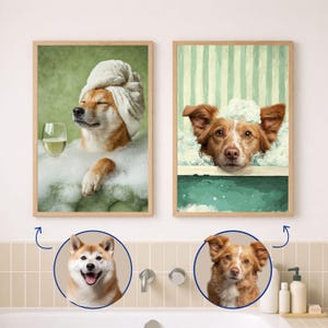 May include: Two framed art prints featuring dogs in a spa setting. One print shows a Shiba Inu in a bubble bath with a towel on its head and a glass of wine. The other print depicts a dog in a bubble bath.