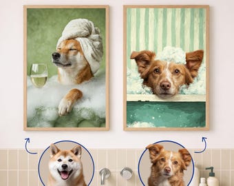 Custom Funny Dog Portrait from Photo, Spa Bathroom Decor, Dog & Cat Wall Art