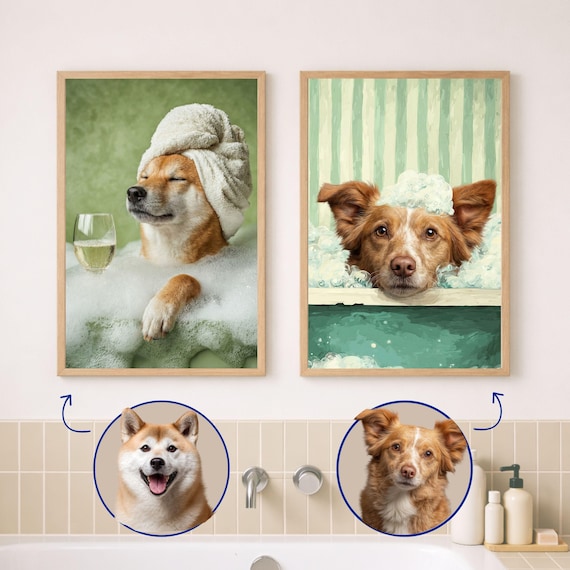 Custom Funny Pet Portrait from Photo, Spa Bathroom Decor, Dog & Cat Wall Art