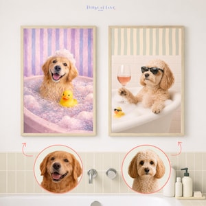 May include: Two framed wall art prints featuring dogs in bathtubs. The left print shows a golden retriever with a bubble crown and a yellow rubber duck. The right print shows a curly-haired dog wearing sunglasses, holding a wine glass.