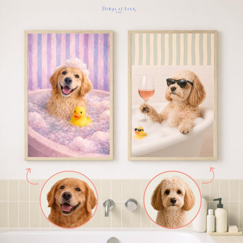 May include: Two framed wall art prints featuring dogs in bathtubs. The left print shows a golden retriever with a bubble crown and a yellow rubber duck. The right print shows a curly-haired dog wearing sunglasses, holding a wine glass.