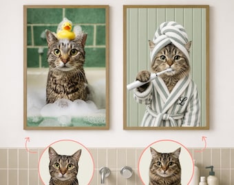 Custom Funny Cat Portrait from Photo, Spa Bathroom Decor, Dog & Cat Wall Art