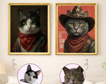 Custom Western Cat Portrait from Photo, Personalized Cowboy Pet Wall Art