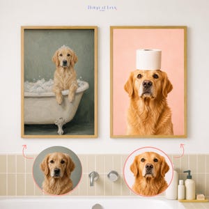 May include: Two framed wall art prints featuring golden retriever dogs. The left print shows a dog in a white clawfoot bathtub with soap bubbles against a sage green background. The right print shows a dog with a roll of toilet paper on its head against a soft peach background. The text Things of Love appears at the top.