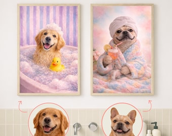 Custom Funny Pet Portrait from Photo,  Bathroom Dog & Cat Wall Art