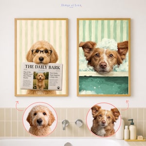 May include: Two framed wall art prints featuring dogs. The left print shows a golden doodle wearing black glasses and holding a newspaper titled The Daily Bark. The right print shows a brown dog with white foam bubbles on its head in a bathtub.