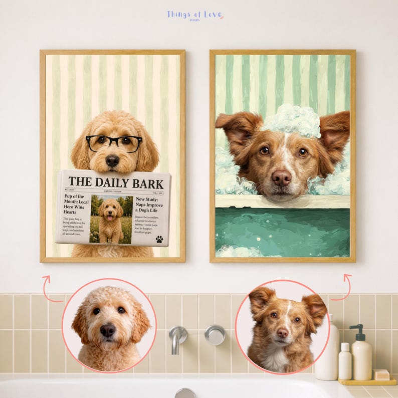 May include: Two framed wall art prints featuring dogs. The left print shows a golden doodle wearing black glasses and holding a newspaper titled The Daily Bark. The right print shows a brown dog with white foam bubbles on its head in a bathtub.