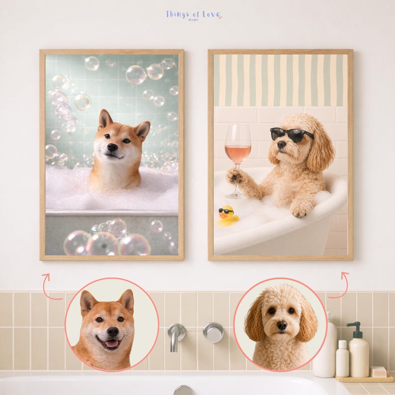 Retrato divertido de perro personalizado a partir de una foto, decoración para el baño de mascotas, arte de pared para perros y gatos. imagen 13