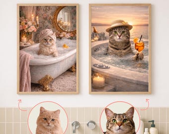 Custom Funny Cat Portrait from Photo, Spa Bathroom Decor, Dog & Cat Wall Art