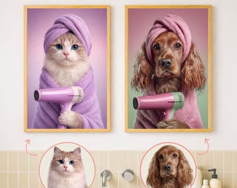 Custom Funny Pet Portrait from Photo, Spa Bathroom Decor, Dog & Cat Wall Art