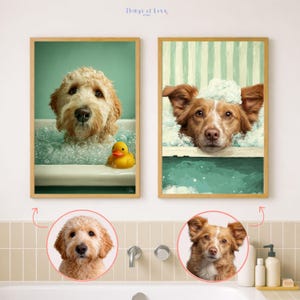 May include: Two framed wall art prints featuring dogs in bathtubs. The left print shows a golden-coloured curly-haired dog with a yellow rubber duck in bubbles. The right print shows a brown dog with white bubbles on its head in a bathtub.