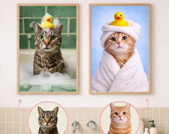 Custom Funny Cat Portrait from Photo, Spa Bathroom Decor, Dog & Cat Wall Art
