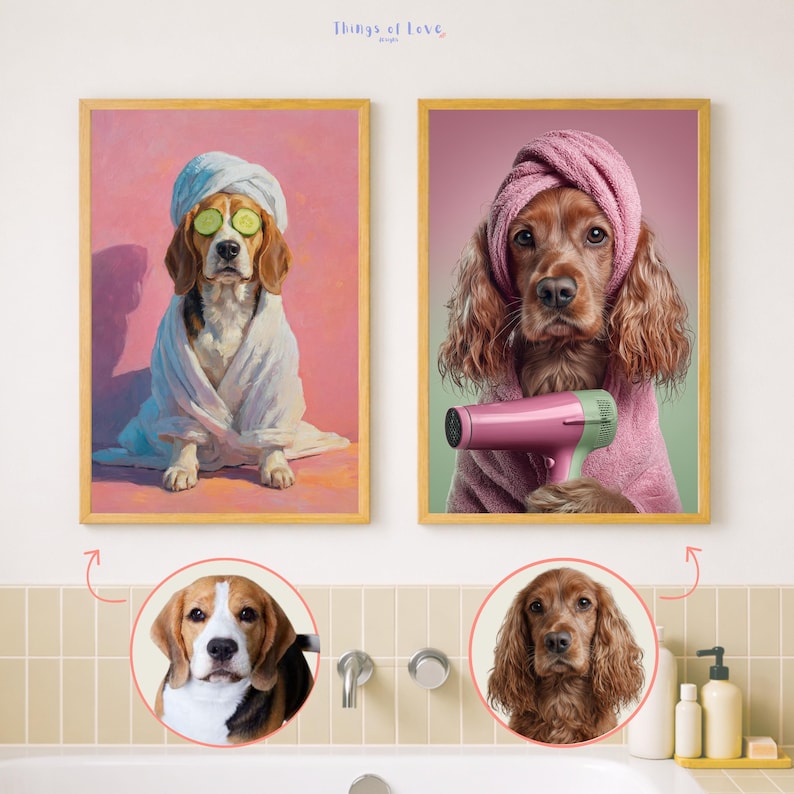 May include: Two framed wall art prints featuring dogs in spa settings. One shows a beagle in a white robe with cucumber slices on its eyes. The other shows a spaniel in a pink robe with a pink hair dryer. Below are two circular portraits of the dogs.